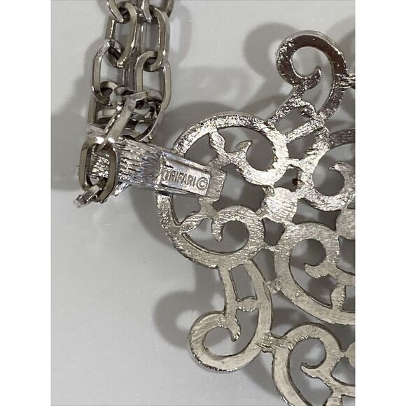 MCM Crown Trifari Modern Silver Pendant Double Chain Necklace - Picture 5 of 6